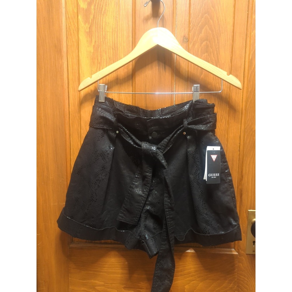 Guess Women's Black Shiny Python Sammy Short Ruffled/Tie Waist Sz L NWT